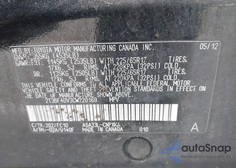 2012 Toyota Rav4 from USA, damaged, VIN 2T3BF4DV3CW220169